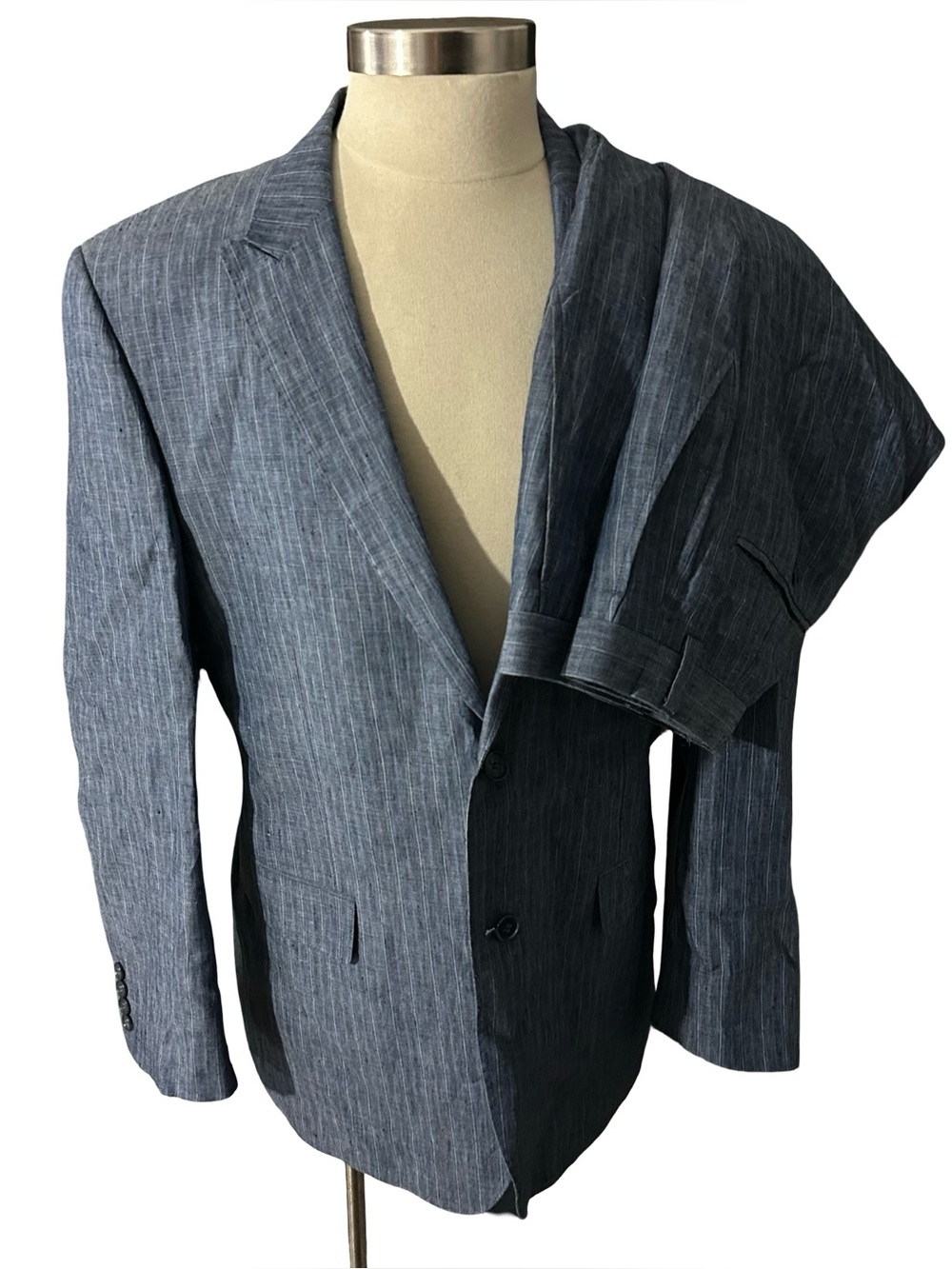 Inserch Italy 100% Linen Suit 2 Piece 44R 36x32 Denim Blue Pinstripe Blazer READ